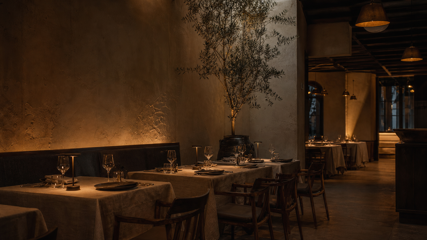 NOOR restaurant dining room in warm evening light